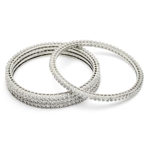 Image of ZENEME Jewelry Rhodium Plated Brass Silver Toned Set Of 4 American Diamond Gold Plated Bangles For Women and Girls