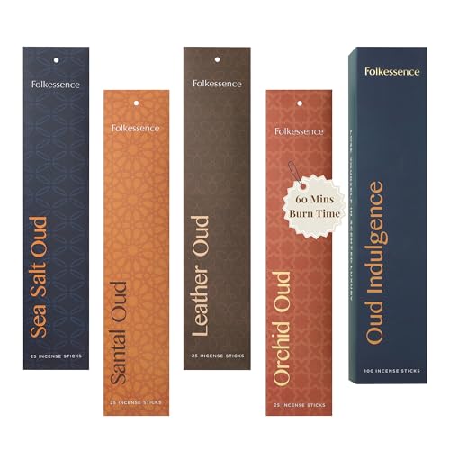 Folkulture Incense Sticks with 60 Mins Burn Time for Easter Party Gifting| Set of 4 Insenses (11"| 100 Insence Sticks)| Orchid, Leather Oud, Santal Inciensos, Long Lasting Scented Insents (Oud) by Folkulture - Used condition - CA$42.28
