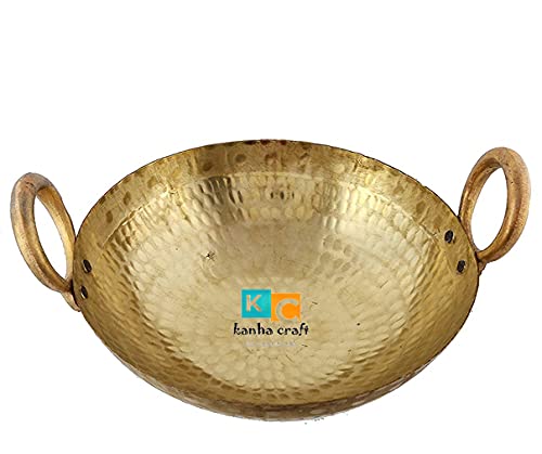 KANHA Craft™ Pure Brass(pital) Hand Made Heavy kadai for Cooking 3000 ml (11x3.5 inch) Kadhai 28 cm (Brass)