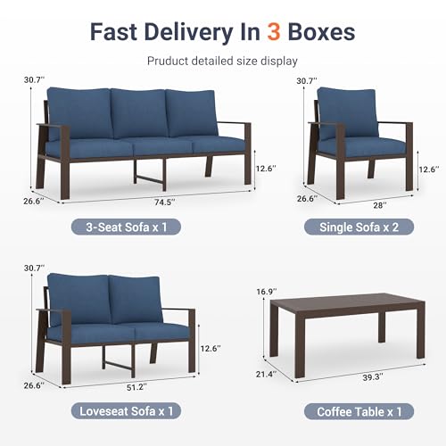 Image of UDPATIO Aluminum Outdoor Patio Furniture Set 7-Seat Metal Patio Conversation Sets with Coffee Table and Water-Resistant Cushions, Modern Patio Sectional Sofa for Porch, Deck, Backyard, Poolside