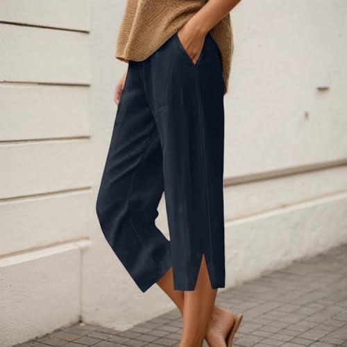 Capris Pants for Women Cotton Linen Casual Summer Straight Wide Leg Loose Lightweight Elastic Waist Cropped Trouser2
