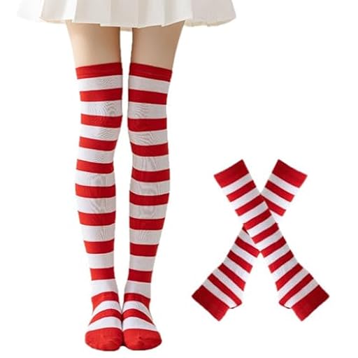 OIXYEY Calcetines altos a rayas para mujer Calcetines a rayas rojas y blancas Calcetines con mangas a rayas Calcetines a rayas Carnaval Cosplay Años 80 | Ya disponible en tu tienda friki favorita! En mundofriki.es!