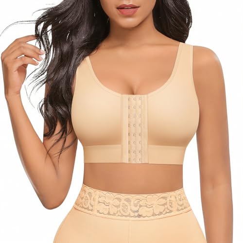 FeelinGirl Post Surgery Compression Bra Front Closure Surgical Bra for Recovery with Breast Support Band Beige L