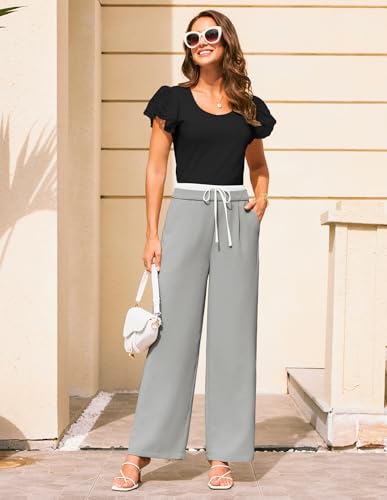 GRACE KARIN Women's Pant Wide Leg Color Block Elastic Drawstring Waist Pants for Women with Pocket and Side Zip2