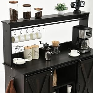 Farmhouse Coffee Bar Cabinet with 6 Hooks, 47 Inch Coffee Bar Hutch with 9 Wine Racks, Coffee Bar Table with Sliding Barn Door, Wine Bar with Adjustable Shelves for Dining Living Room, Dark Oak Farmhouse Coffee Bar Cabinet with 6 Hooks 47 Inch Coffee Bar Hutch with 9 Wine Racks Coffee Bar Table with Sliding Barn Door Wine Bar with Adjustable Shelves for Dining Living Room Dark Oak