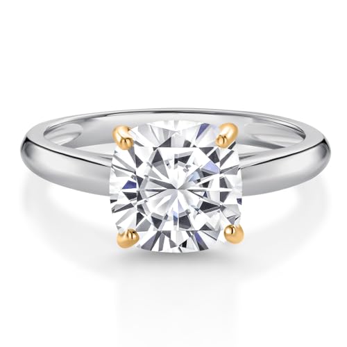 Gem Stone King 925 Sterling Silver and 10K Yellow Gold White Moissanite Solitaire Engagement Ring For Women (2.40 Cttw, Cushion 8MM, Gemstone Birthstone, Available In Size 5, 6, 7, 8, 9)