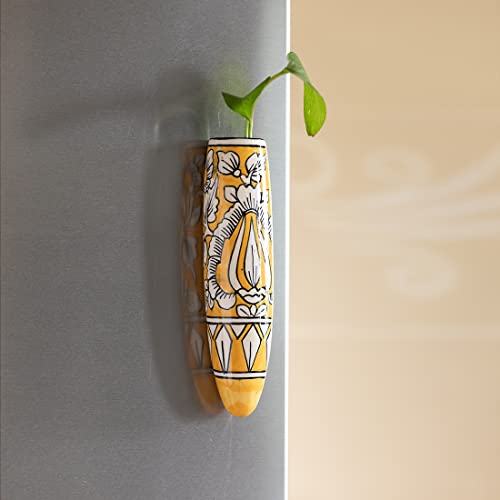 Image of ExclusiveLane 'Mughal Heaven' Ceramic Handpainted Magnetic Planters Pot for Fridge Refrigerator Magnet Planter for Home & Kitchen(Light Yellow & Enamel White, 1.9 x 1.5 x 7.2 Inch, 1 Piece),EL-021-225