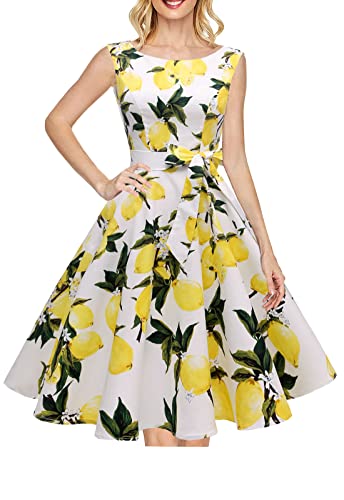 Hanpceirs Women's Boatneck Sleeveless Swing Vintage 1950s Cocktail Dress Lemon White L