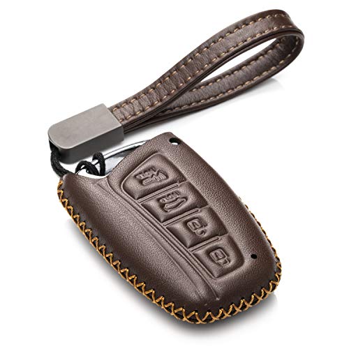 Vitodeco Genuine Leather Keyless Smart Key Fob Case Cover with Key Chain for 2013-2017 Hyundai Santa FE (4 Buttons, Brown)
