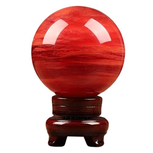 Polished Smelting Red Crystal Ball Crystal Decor Sphere with Wood Stand, Home Crystal Figurines Ornaments for, Witchcraft,Table 