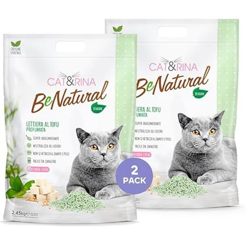 Cat&Rina BeNatural, lettiera per gatti al tofu da 5,5l Agglomerante e Vegetale. Fino a 30 giorni di utilizzo. Si smaltisce nell'organico o nel wc. Sabbia gatti anti odore Tè Verde, 2 pezzi