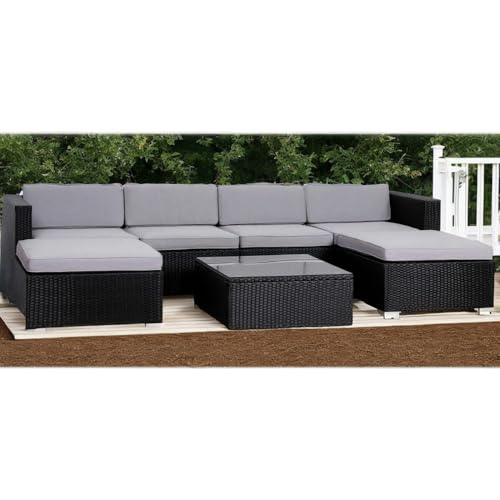 EVRE Nevada Black 6 Seater Outdoor Rattan Garden Furniture Set Wicker Weave Sofa Coffee Table Stool with Cushions For Patios Decks Conservatories Sectional Corner Conversation Piece - Image 2