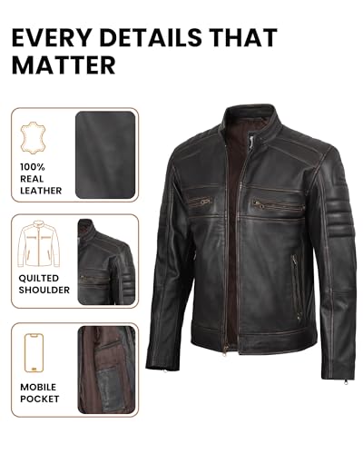 Image of Decrum Cafe Racer Leather Jacket for Men - Real Lambskin Motorcycle Style Mens Jacket with Zipper Closure