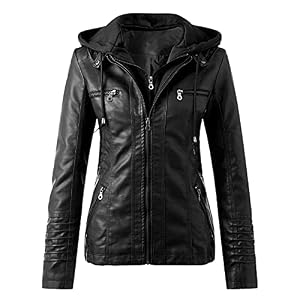 Lederjacke Damen mit Kapuze Übergangsjacke Jacke Bikerjacke Leather Bomberjacke Damenjacke Übergang Blouson Herbstjacke Elegant Winter Damenjacken Lederjacken Pilotenjacke Kurz Fliegerjacke Schwarz