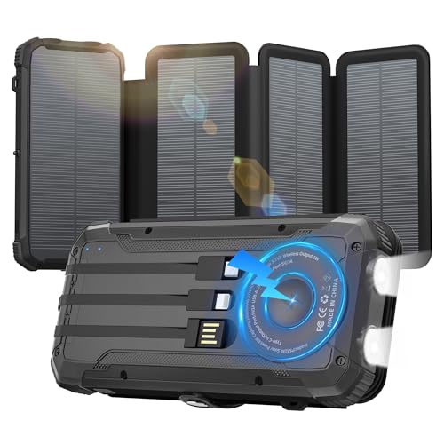 Image of Portable Charger 20000mAh Solar Power Bank Built-in 3 Cables and Wireless Charging Battery Pack Compatible for iPhone, Samsung, IPX5 Waterproof, Bright Flashlight Perfect for Camping, Hiking, Outdoor