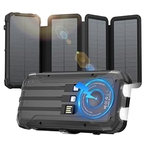 Solar Power Bank 20000mAh Portable Charger Built-in 3 Cables and Wireless Charging Battery Pack Compatible for iPhone, Samsung, IPX5 Waterproof, Bright Flashlight Perfect for Camping,Hiking,Outdoor