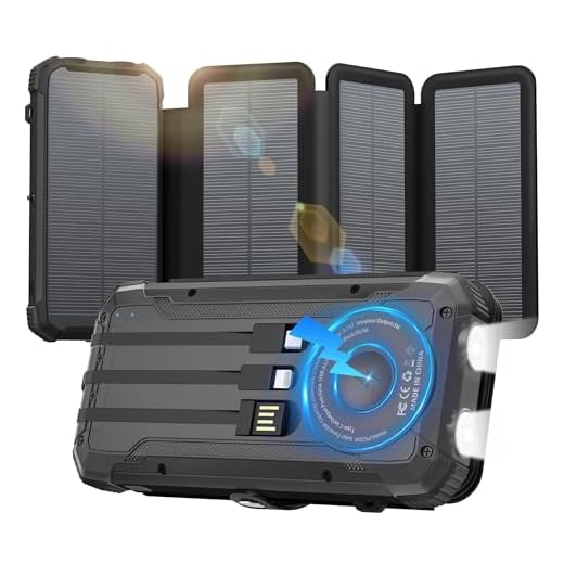 Solar Power Bank 20000mAh Portable Charger Built-in 3 Cables and Wireless Charging Battery Pack Compatible for iPhone, Samsung, IPX5 Waterproof, Bright Flashlight Perfect for Camping,Hiking,Outdoor