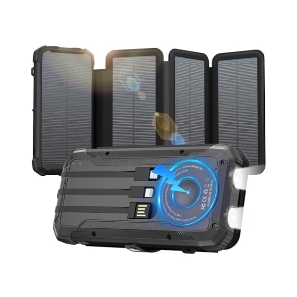 Solar Power Bank 20000mAh Portable Charger Built-in 3 Cables and Wireless Charging Battery Pack Compatible for iPhone, Samsung, IPX5 Waterproof, Bright Flashlight Perfect for Camping,Hiking,Outdoor