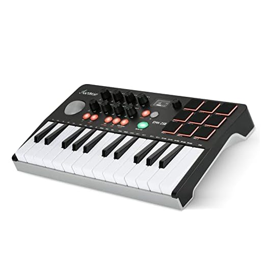Asmuse EMK-25 Portable MIDI Keyboard, Bluetooth MIDI Keyboard Controller with 8 Backlit Drum Pads, 8 Knobs for Mobile Music Production