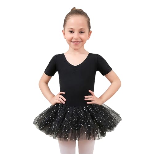 generic Girls Ballet Leotards with Dance Skirt Short Sleeve Dancewear Crisscross Back Ballet Dance Dress Tutu Skirted Leotard Black, 9-10 Years
