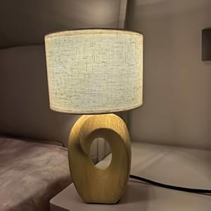 Ceramic Table Lamp,Bedside Lamp For Bedroom,Small Cute Bedside Lamp With Linen Beige Lampshade,Nightstand Lamp For Nursery, Kid Room, Living Room,Light Yellow Wood Grain Base, E26 Socket, 12.