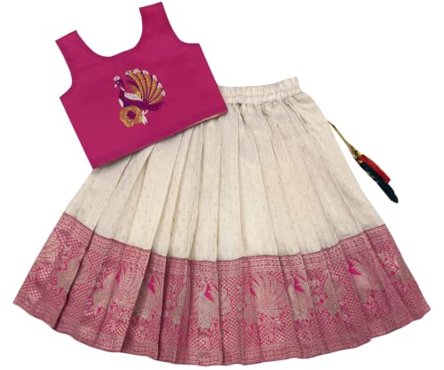 Image of Girls South Indian Pattu Pavadai | Traditional Jacquard Silk Lehenga Choli Set