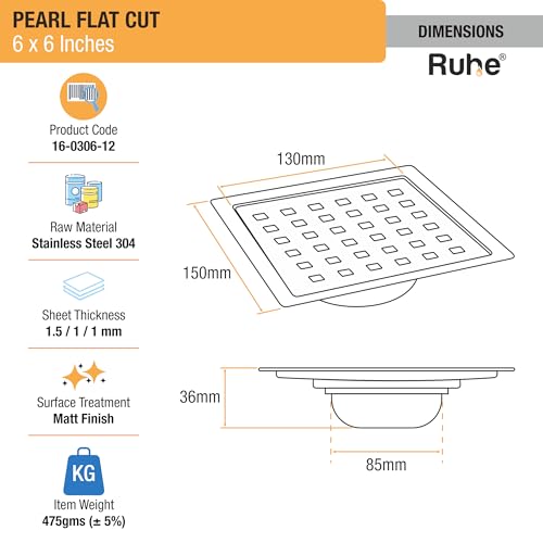 Image of Ruhe Pearl Square Flat Cut Floor Drain, 6 x 6 Inches | 304-Grade Floor Drainer with Cockroach Trap Floor Drainer for Bathroom, Balcony