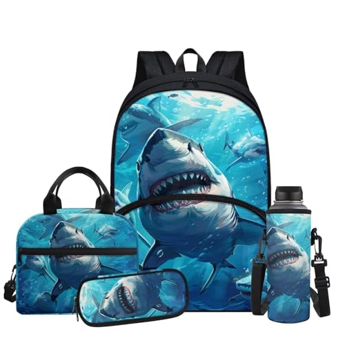 Blue Shark Bookbag and Lunch Box Set for Girls 17 Inch Tween Backpack Boys 4 In 1 Set Little Kid Elementary Student Lightweight Water Bottle Holder with Strap Large Capacity Pencil Case