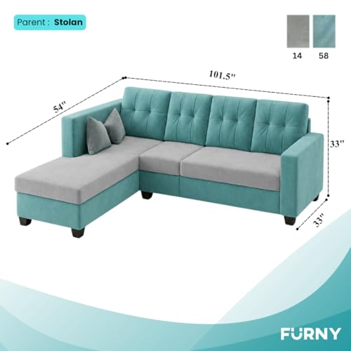 Image of FURNY Nathan 5 Seater L Shape Sofa Set LHS (Sky Blue-Light Grey) | Suede Velvet Finish | Durable Comfort Sofa for Modern Living Room & Office Spaces