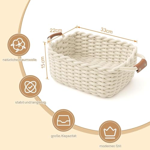 Aufbewahrungskorb Geflochten, Waschbar und Faltbar, Körbchen mit Ledergriffen, Aufbewahrungs box ideal für Accessoires, Kosmetika, das Badezimmer (Weiß, L33*W22*H15CM)