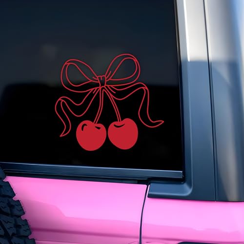 Red Cherries Bow Car Decal Coquette Girly Window Sticker Funny Cute Trendy Cherry Bow Car...