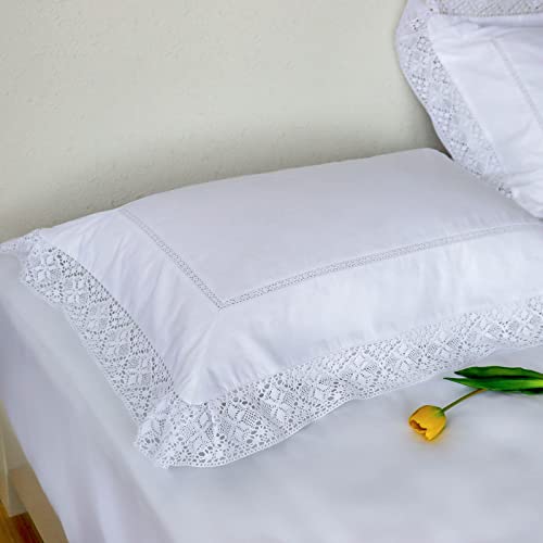 Ranznaz Set Of 2 Lace Embroidery Pillow Cases, 100% Cotton Queen Size, White Good Feeling Pillow Covers With Envelope Closure, Softer And Breathable Pillow Shams thumb #2