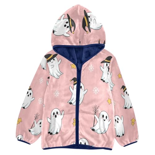 Cute Ghosts on Pink Background Toddler Fleece Jacket Girl Boys Hooded Fleece Jacket Coat Warm Outwear Zip-up 3-10T