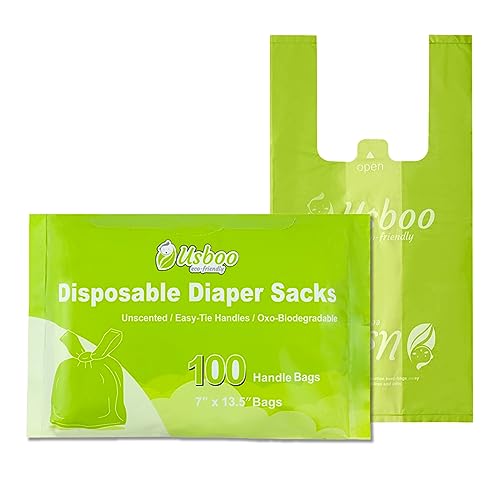 USBOO Biodegradable Disposable Diaper Bags, 100 Count, 10 Ounce Capacity, Easy-Tie Handles, Convenient and Eco-Friendly