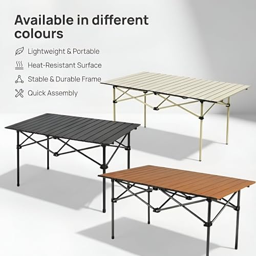 Image of Kraptick Portable Metal Folding Camping Table with Roll-Up Tabletop Lightweight Outdoor Long Table with Carry Bag Compact & Durable Folding Table for Camping, Picnic, Beach & Travel Use (Brown)