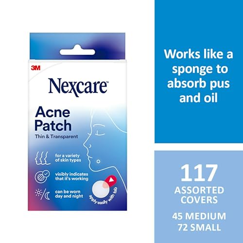 Image of Nexcare Thin and Transparent Acne Patch, Skin Cover Absorbs Pus and Oil from Clogged Pores, Made with hydrocolloid, tab Allows for Easy Removal from Liner - 117 Pimple Patches