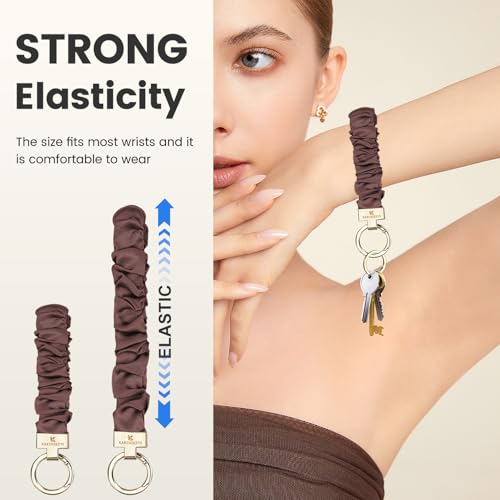 Image of Scrunchie Keychain Wristlet, Key Chain for Car Keys with D Ring, Stretchy Phone Charms with Tether Tab for Women.