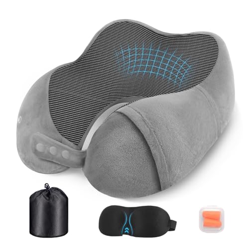 Nexellent Nackenkissen Flugzeug, Reisekissen, Hochwertiges Memory Foam Nackenkissen für Flugzeug und Auto – Vollständiges Set mit Schlafmaske, Ohrstöpseln und Tragetasche. (Grau)