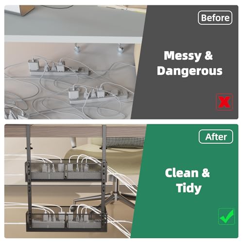 Multi-Model Under Desk Cable Management 2 Pack Metal Under Desk Wire Management Tray Clamp Mount Under Table Cord Management No Damage The Desk - Thumbnail 2