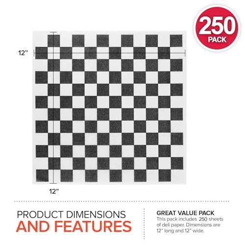 Deli Paper Sheets (250 Count) 12-Inch Black Checkered Square Sandwich Wrapping Paper Grease Resistant Perfect for Concession Stand, Carnival, Party, Fast Food, Cheese, Basket Liner and Food Packaging