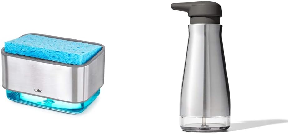 OXO Good Grips Stainless Steel Soap Dispensing Sponge Holder + OXO Good Grips Stainless Steel Soap Dispenser