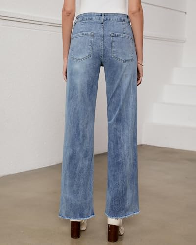 Image of GRAPENT Straight Leg Jeans for Women High Waisted Stretchy Frayed Raw Hem Loose Denim Pants Casual Baggy Jean Trousers