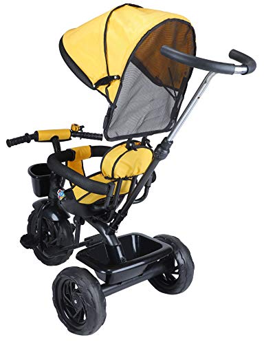 Image of JoyRide 3 in 1 Baby Tricycle Toddler Stroller Kids Pedal Tricycle w /Pusher Removable Canopy Safety Bar Storage Footrest for 18 Months to 5 Years (Yellow)