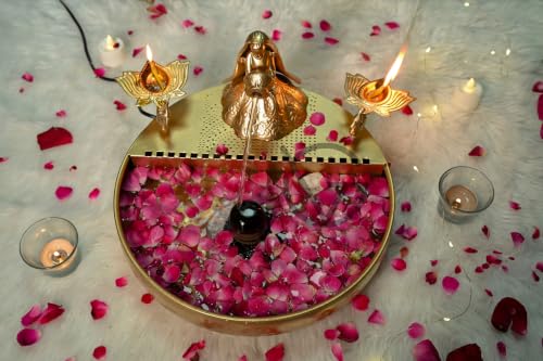 Image of Gold Lady Fountain Urli with Lotus Diyas, Traditional Decorative Bowl Set for Home, Festival, Wedding Decor, Diwali Decoration, Ganesh Chathurthi and Gifting | 33 cm