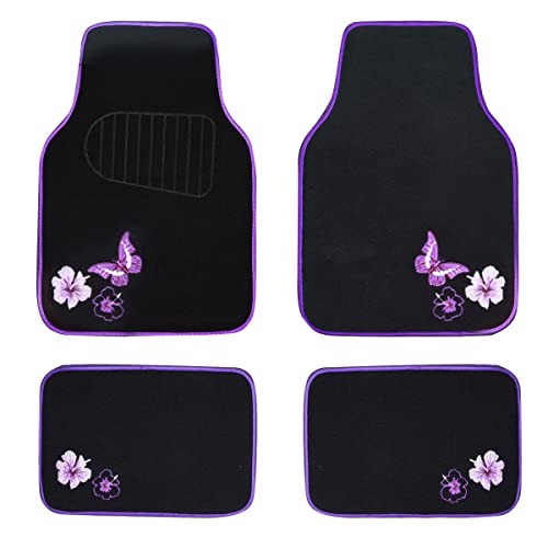 CAR PASS Embroidery Butterfly and Flower Car Floor Mats, Purple Car Floor Mats, Universal Fit 95% Automotive,SUVS,Sedan,Vans,for Women,Girly,Set of 4(Black with Purple)