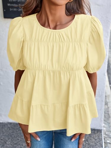 Image of Tankaneo Womens Puff Sleeve Peplum Babydoll Tops Summer Flowy Pleated Cotton T-Shirts Casual Loose Fit Cute Blouse
