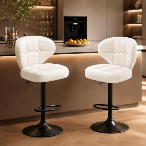 Image of Modern Bar Stools Set of 2, Adjustable Swivel Upholstered Full-Back Counter Height Bar Chairs for Kitchen Island, Dining Room, Bar (White)