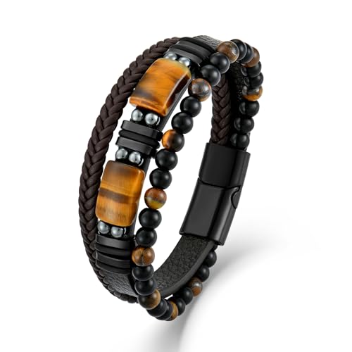 Mens Tiger Eye Leather Bracelet, Natural Tiger Eye Stone Beads Multi-Layer Braided Cuff Bracelets for Men, Stainless Steel with Buckle Memorial Bangle Gifts for Him