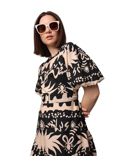 Image of ONLY Floral Print Round Neckline A-Line Dress | Detachable Waist Belt | Balloon Sleeves | Flared Skirt