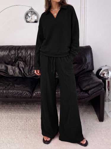 Fisoew Womens 2 Piece Sets Outfits V Neck Long Sleeve Top Wide Leg Pants - image 5